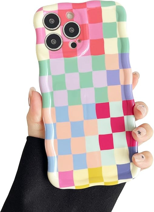 Compatible with iPhone 16 Pro Max Case, Cute Wave Curly Colorful Checkerboard Plaid Pattern Cover... | Amazon (US)