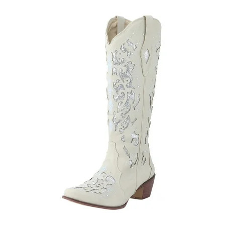 Cowboy Boots for Women Cowgirl Boots Western Boots Chunky Heel Pointed Toe Pull On Rhinestones Embro | Walmart (US)