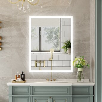 WELLFOR W7 Bathroom Vanity Mirror 28-in x 36-in LED Lighted White Rectangular Fog Free Frameless ... | Lowe's