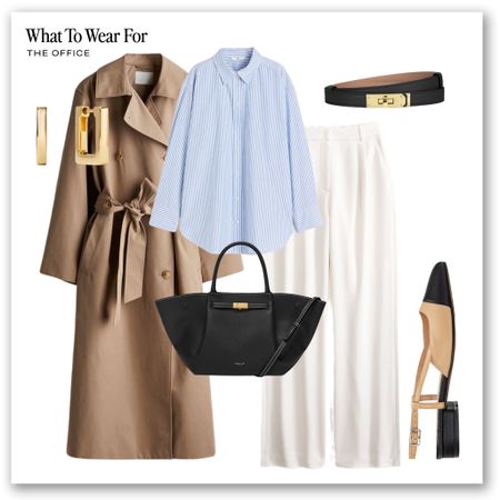 Spring office outfits 👩‍💻

Linen shirt, white trousers, ballet flats, trench coat, demellier tote bag, neutral fashion  

#LTKeurope #LTKworkwear #LTKstyletip