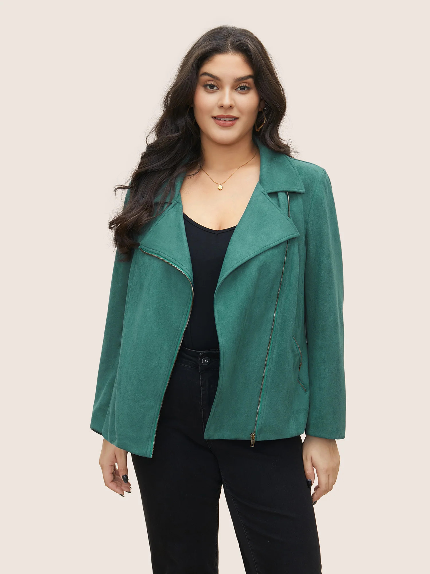 Solid Faux Suede Zipper Lapel Collar Jacket | Bloomchic
