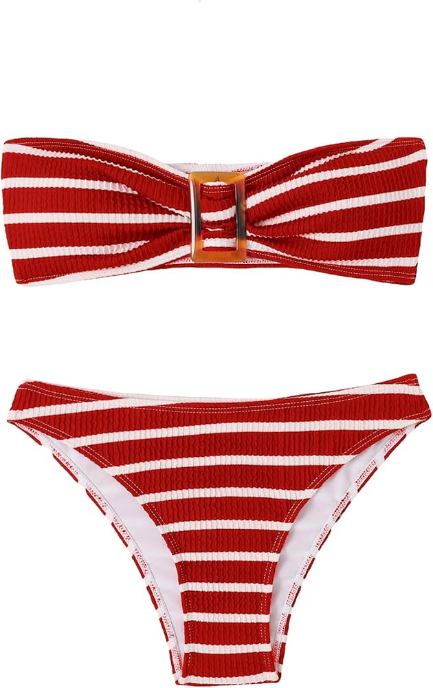 GORGLITTER Women's 2 Piece Strapless Swimsuit Striped Bandeau High Waisted Thong Bikini Set Bathi... | Amazon (US)