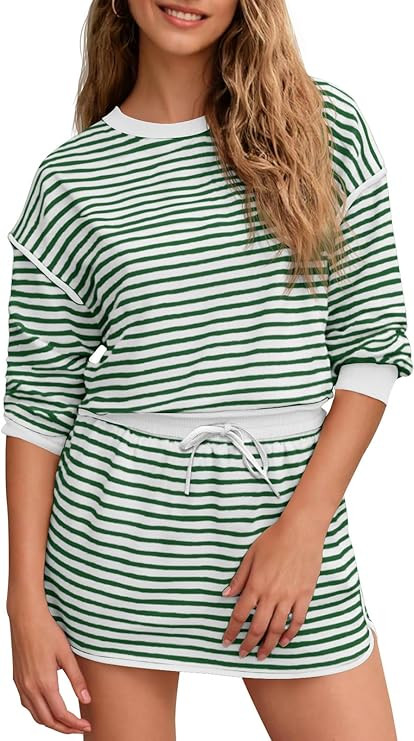 Fisoew Womens Striped 2 Piece Outfits Crewneck Workout Sets High Waist Skort Set Long Sleeve Matc... | Amazon (US)