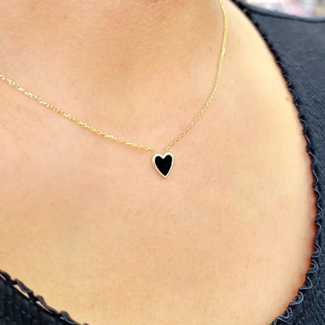 Black Heart Gold Necklace Gold and Black Heart Necklace Pendant 925 Silver Heart Necklace Gold 18... | Etsy (US)