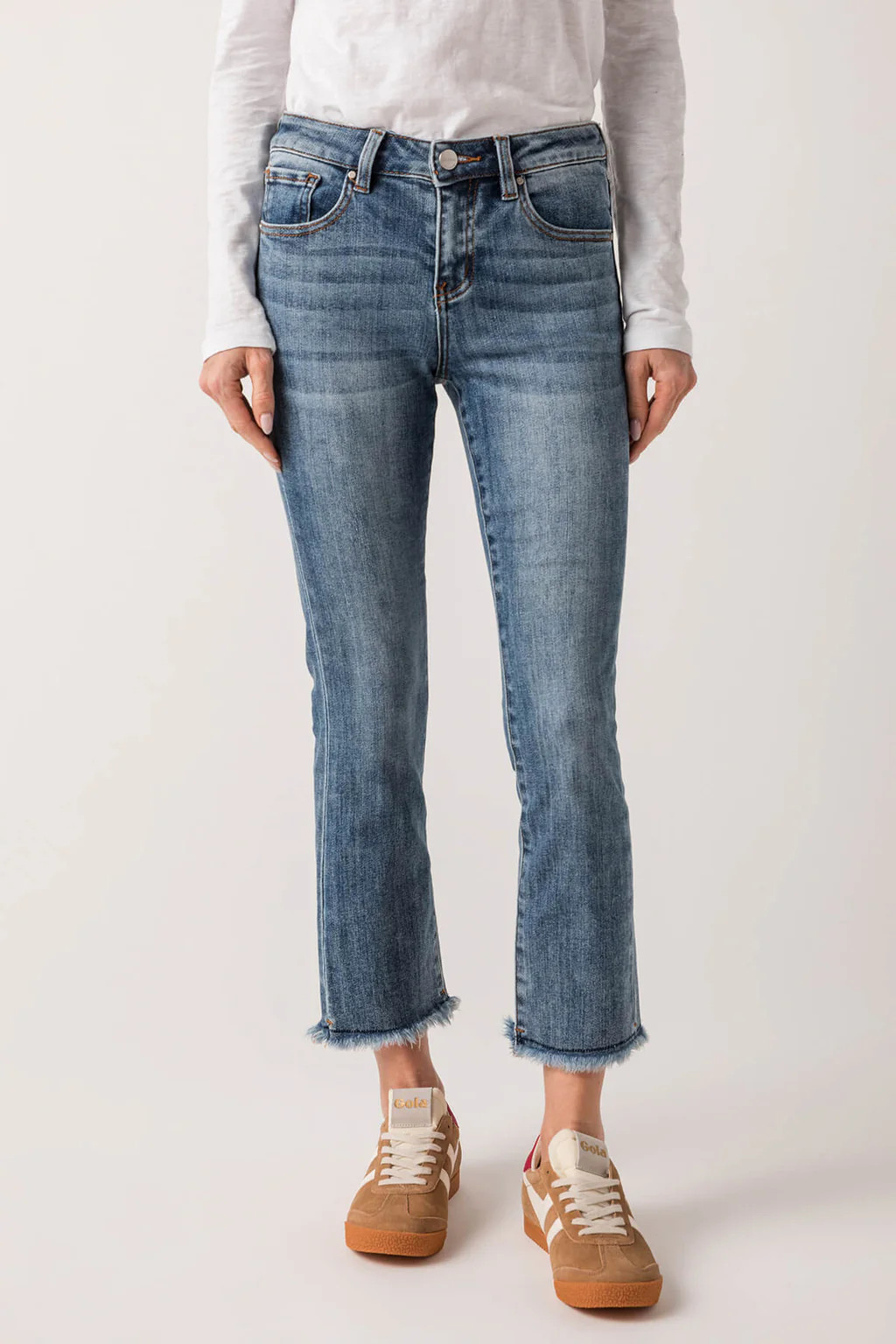 Risen Slightly Distressed Frayed Hem Straight Leg Jeans | Social Threads