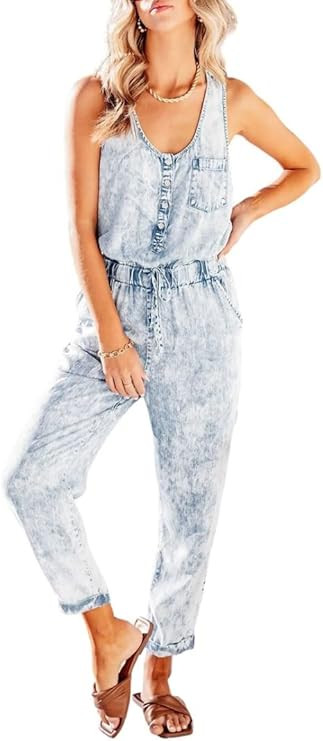 chouyatou Women's Denim Scoop Neck Sleeveless Drawstring Waist Jumpsuits Overall Rompers | Amazon (US)
