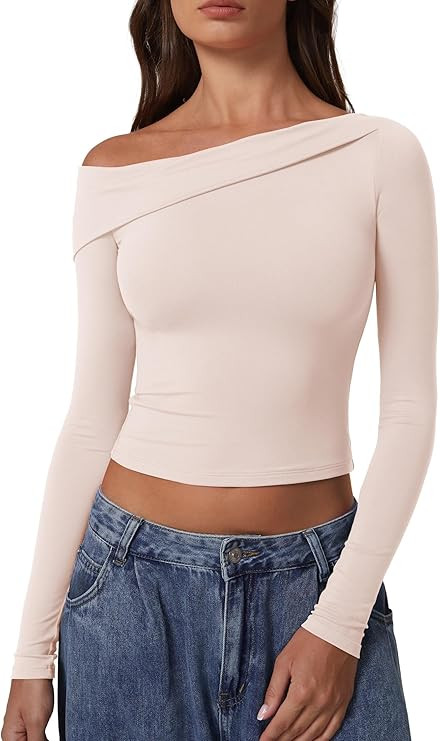 QINSEN Women Long Sleeve Off Shoulder Tops Trendy Double Lined Going Out Shirt for Fall | Amazon (US)