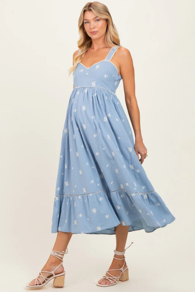 Light Blue Vintage Floral Smocked Maternity Midi Dress | PinkBlush Maternity