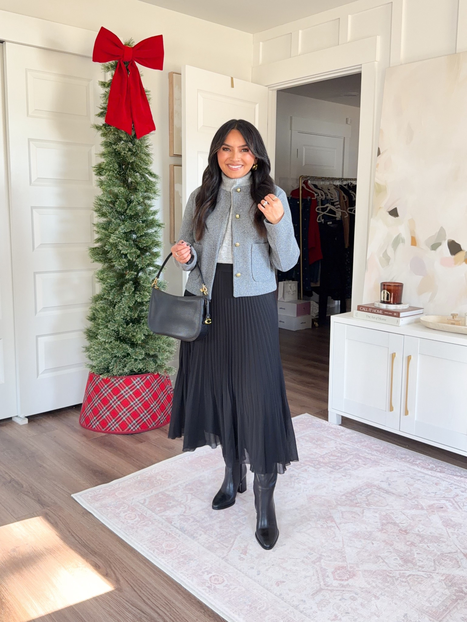 Grey boucle lady jacket size xs TTS
Heathered gray cable knit sweaters size xxs TTS
Black pleated skirt size small TTS
Black boots size 5.5 TTS

#LTKSaleAlert #LTKWorkwear #LTKPetite