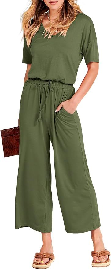 ANRABESS Women Short Sleeve Summer Casual V Neck Elastic Waist Wide Leg Cropped Pant Jumpsuits Ro... | Amazon (US)