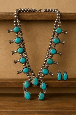 Astonishing Navajo Turquoise Sterling Silver Vintage Squash Blossom Necklace | eBay US