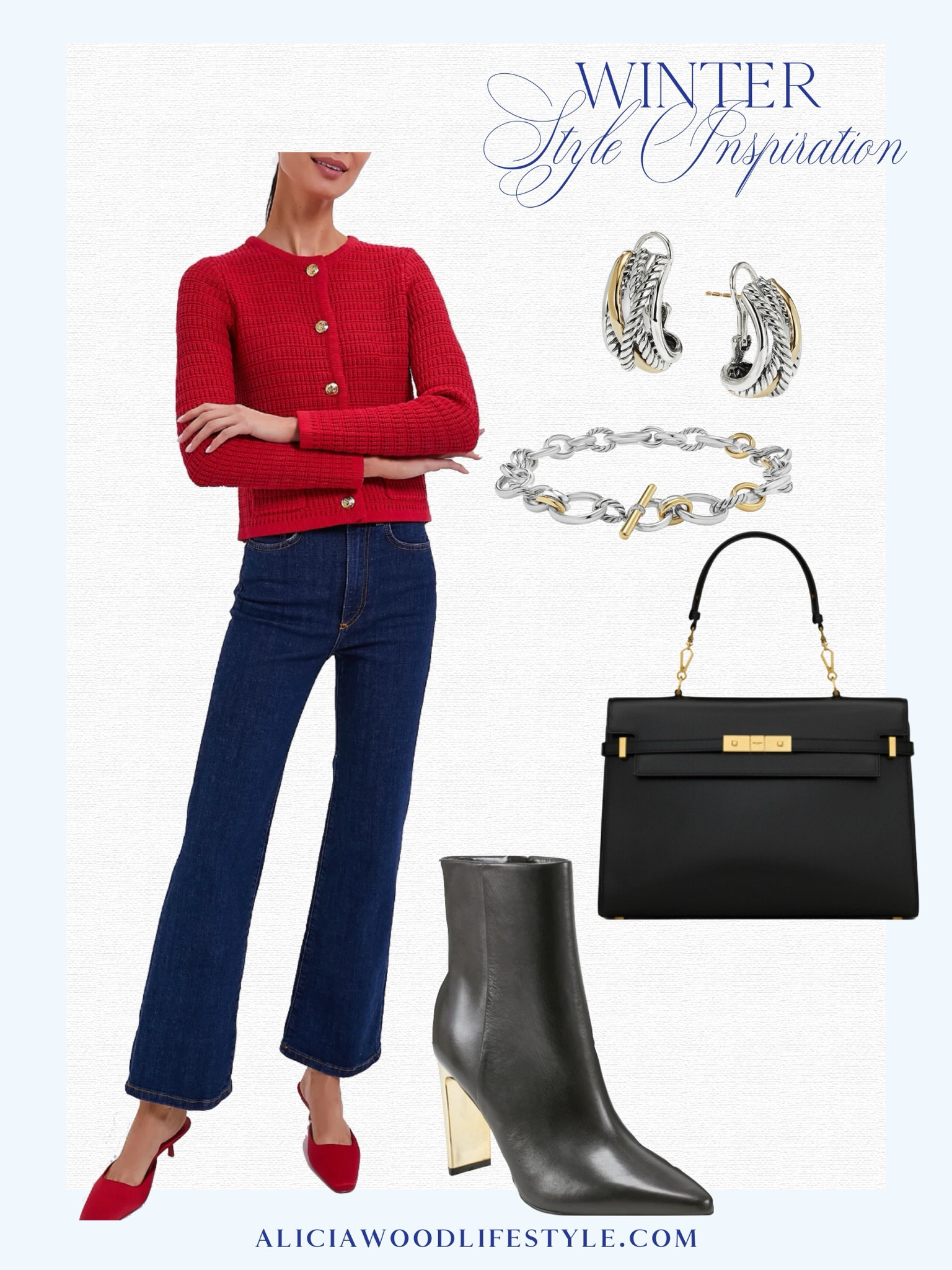 Winter Style Inspiration 

Red jacket with gold button detail Black
Jeans 
Black booties 
Black handbag 
Two tone huggie earrings
Two tone link bracelet 

#LTKSeasonal #LTKOver40 #LTKStyleTip