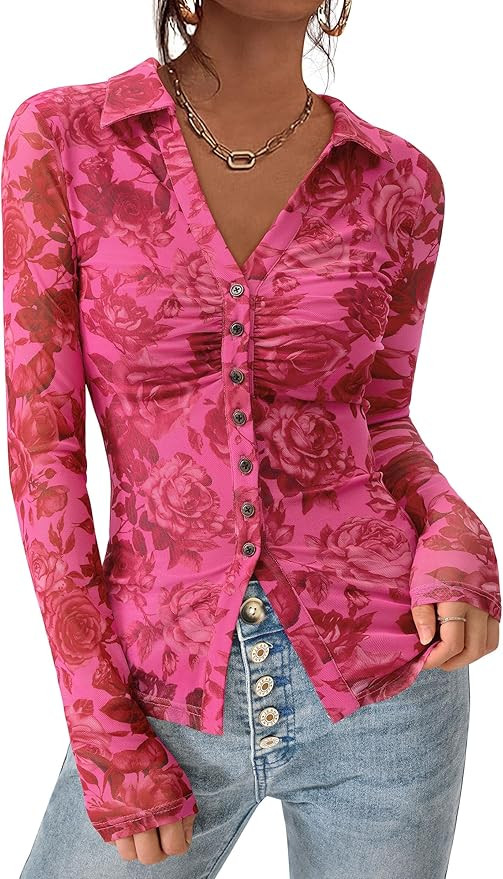 PRETTYGARDEN Women Button Down Floral Shirts 2026 Fall Trendy Long Sleeve V Neck Mesh Boho Blouse... | Amazon (US)