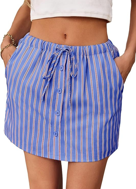 Womens Summer Striped Mini Skirts Casual Drawstring Elastic Waist Button Cute Y2K Skorts Shorts | Amazon (US)