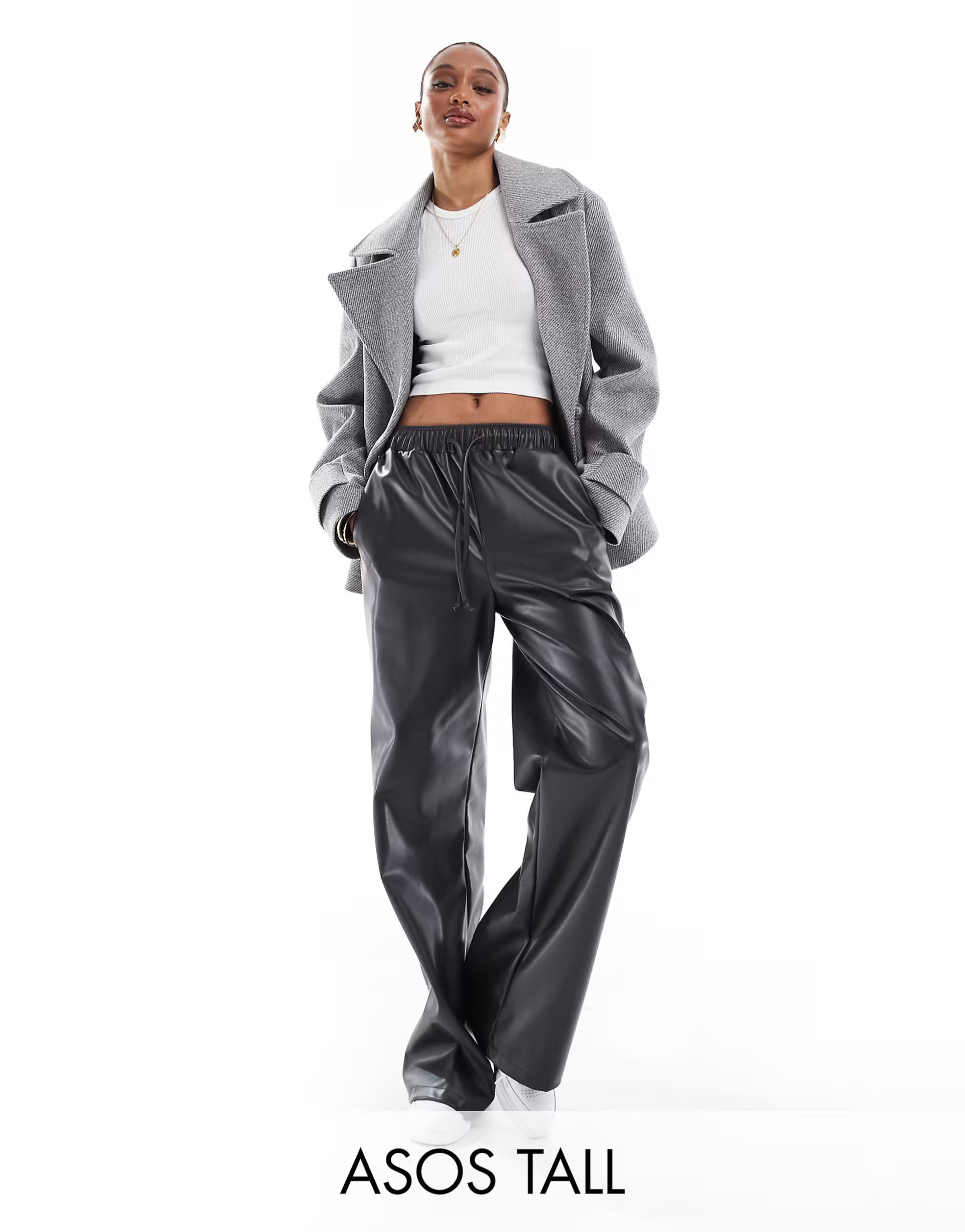ASOS DESIGN Tall faux leather wide leg pull on trousers in charcoal | ASOS (Global)