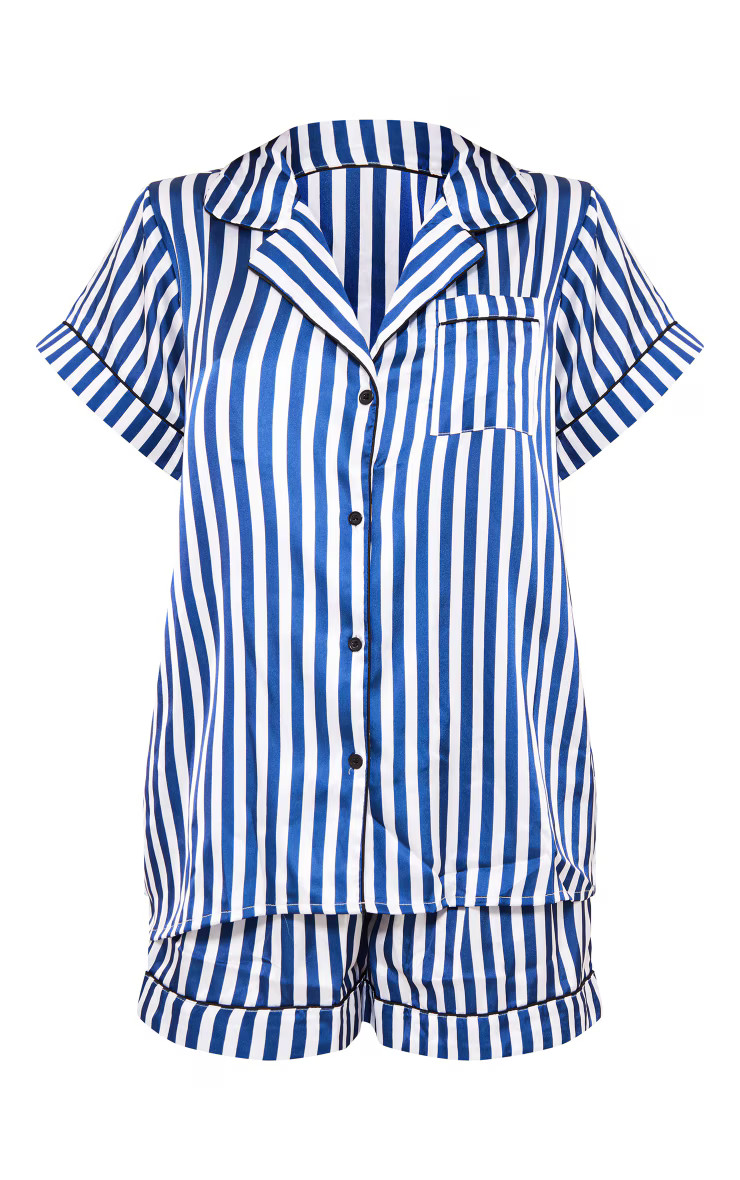 Navy Jacquard Stripe Contrast Piping Short PJ Set | PrettyLittleThing US