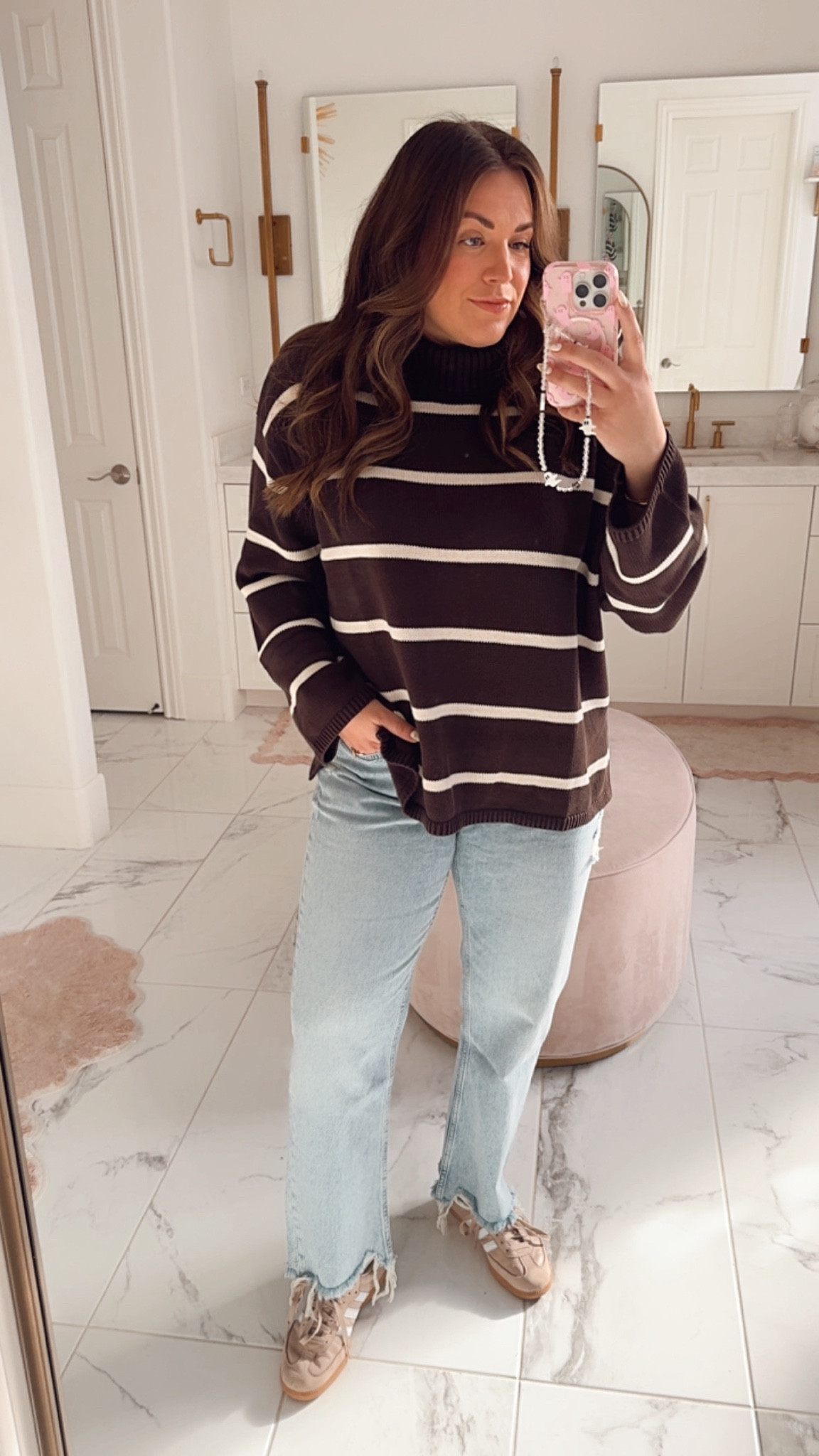 curvy casual fall outfit. wearing size large in brown striped sweater and size 31 in curve Nuuds denim 

#LTKSeasonal #LTKMidsize