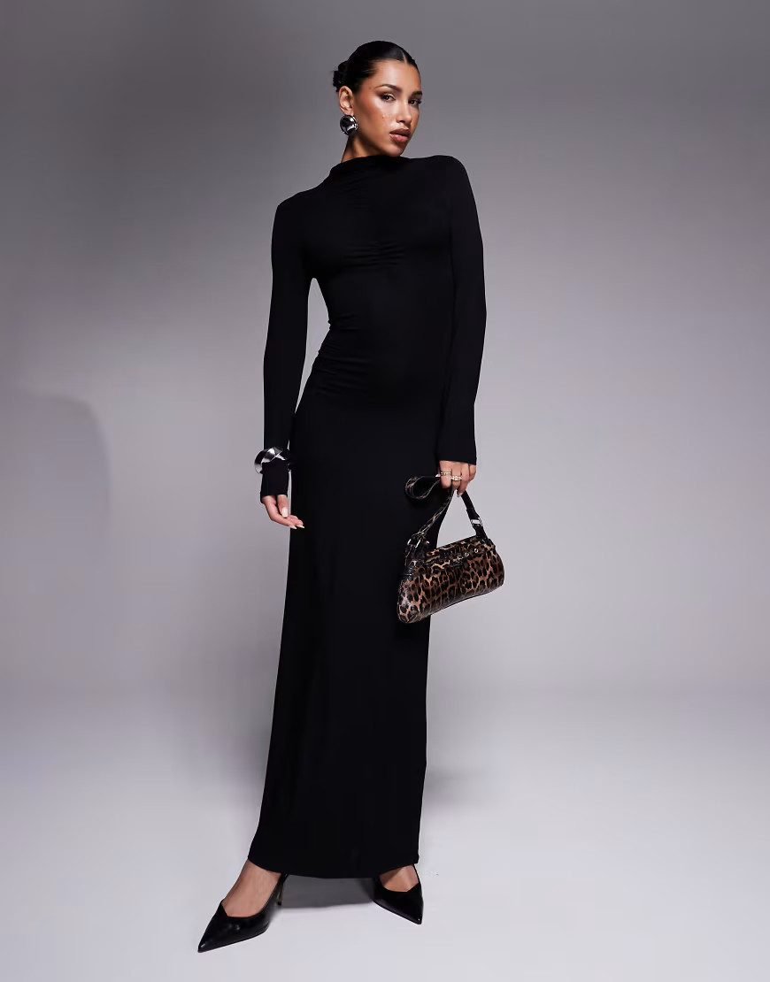 ASOS DESIGN high neck long sleeve with ruching maxi dress in black | ASOS (Global)
