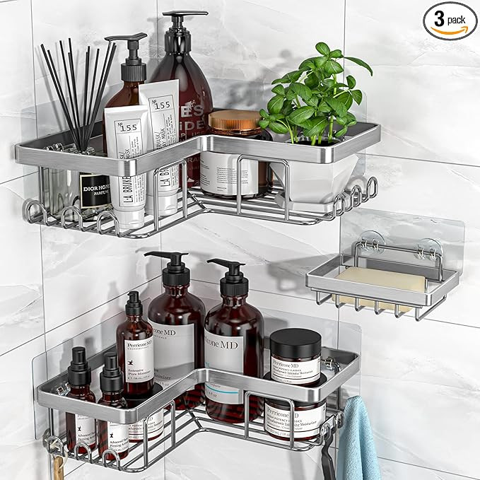 YASONIC Corner Shower Caddy, 3-Pack Adhesive Shower Caddy with Soap Holder and 12 Hooks, Rustproo... | Amazon (US)