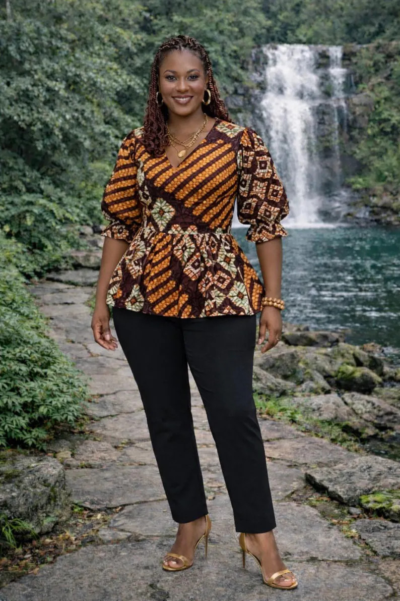 African Print Peplum Blouse, Ankara Wrap Style, Puff Sleeve Top - Etsy | Etsy (Global)