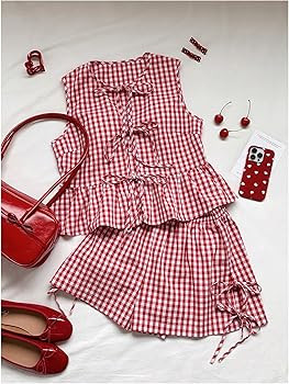 GORGLITTER Women's Summer Vacation 2 Piece Sets Gingham Bow Tie Front Tank Top Baggy Shorts Sets ... | Amazon (US)