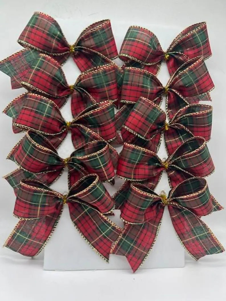 Christmas Decorative Red Green Plaid Bows With Gold Trim/ Set 10 Bows/ Christmas Treat Bag Bows/ ... | Etsy (US)