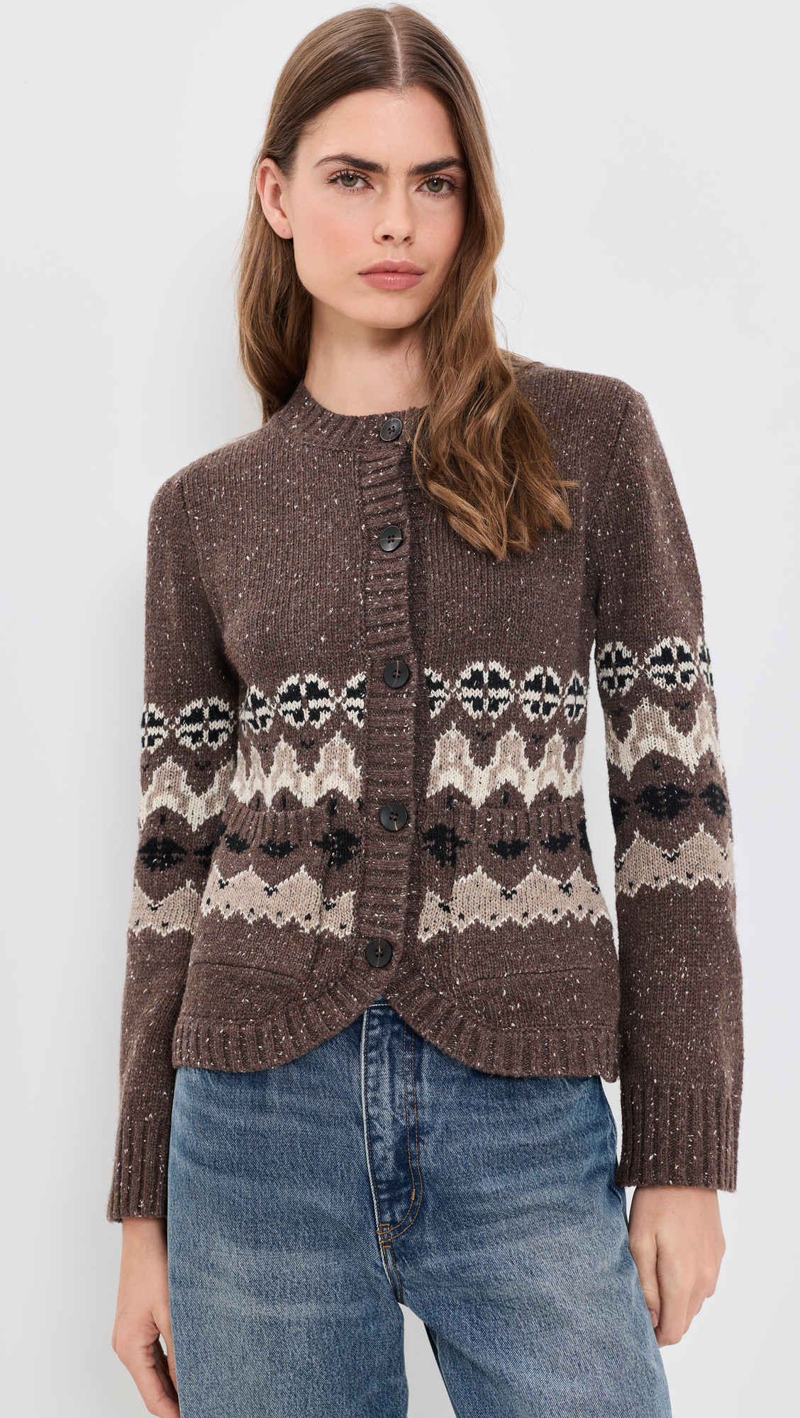 Moon River Rounded Hem Cardigan Brown Multi L | Shopbop
