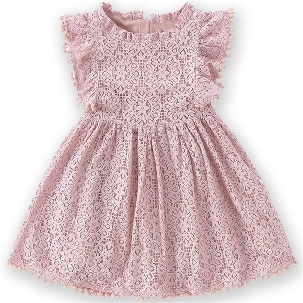 Niyage Toddler Girls Elegant Lace Pom Pom Flutter Sleeve Party Princess Dress | Amazon (US)