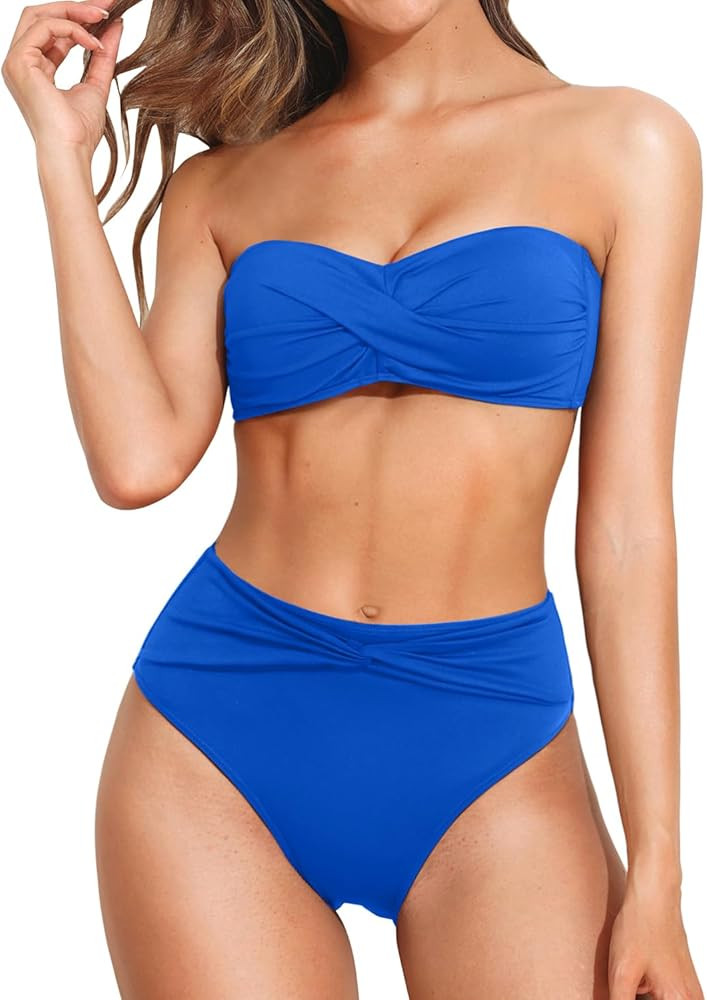 Tempt Me Women Bandeau Bikini Set Twist Strapless Two Piece Swimsuit High Cut High Waisted Bathin... | Amazon (US)