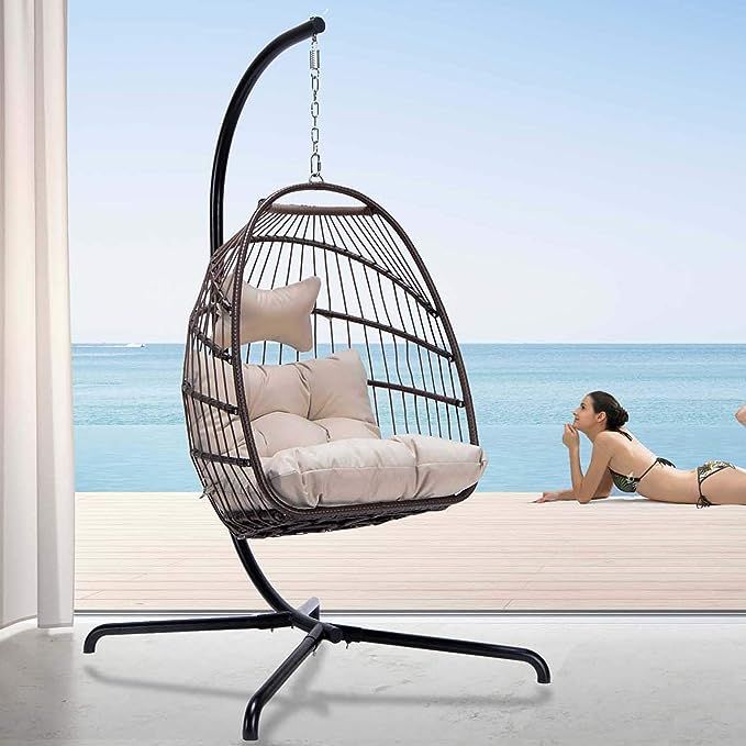 NICESOUL Indoor Outdoor Patio Wicker Hanging Chair with Stand Swing Egg Chairs UV Resistant Beige... | Amazon (US)