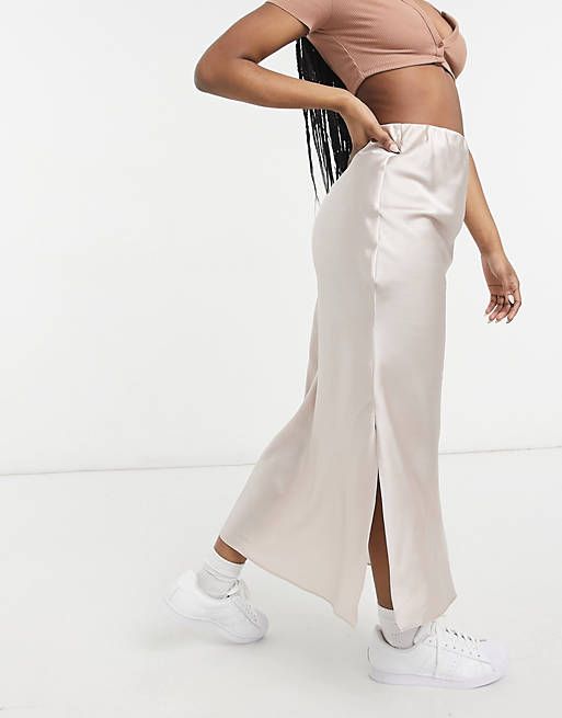 ASOS DESIGN satin bias slip midi skirt with splits in soft pink | ASOS | ASOS (Global)