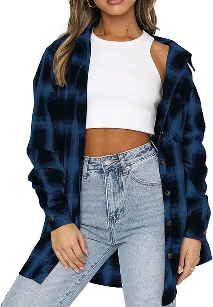 Bozanly Womens Flannel Plaid Shirts Oversized Long Sleeve Button Down Shacket Blouse Tops | Amazon (US)