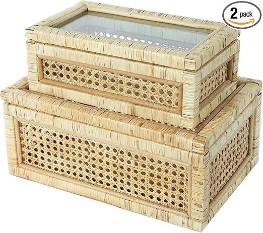 LUSYDECO Set of 2 Large Rectangular Rattan Decorative Boxes with Glass Lids Medium Cane and Ratta... | Amazon (US)