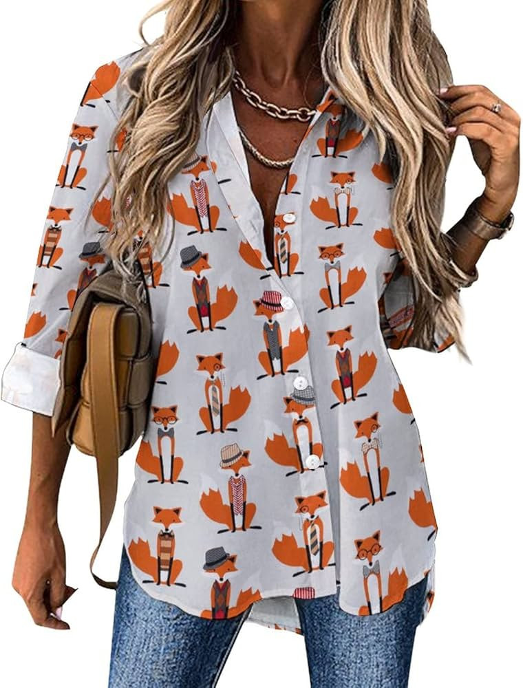 Fox Dressed Womens Funny Print Button Down Shirts Long Sleeve Loose Blouses Tops | Amazon (US)