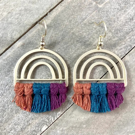Rainbow Fringe Earrings. Rainbow Macrame Earrings. Rainbow Earrings. Knotted Fringe Earrings. Rai... | Etsy (US)