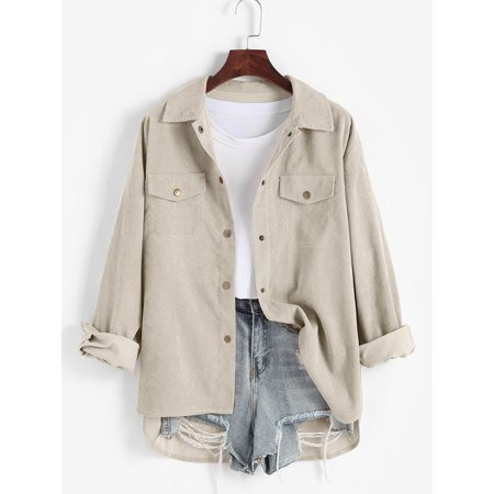 ZAFUL Corduroy High Low Flap Details Shacket Light Coffee M | Walmart (US)