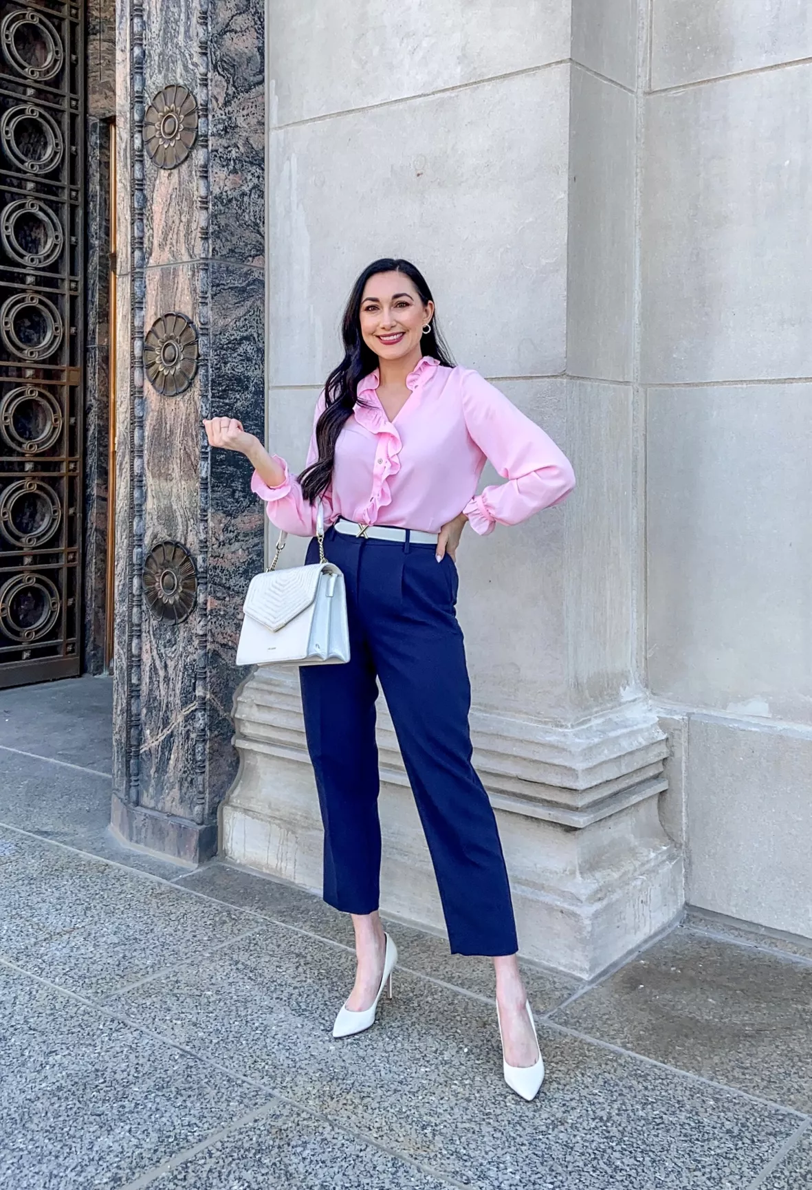 Chic blue blouse with black pants.  Spring work outfits, Work outfits women,  Work fashion