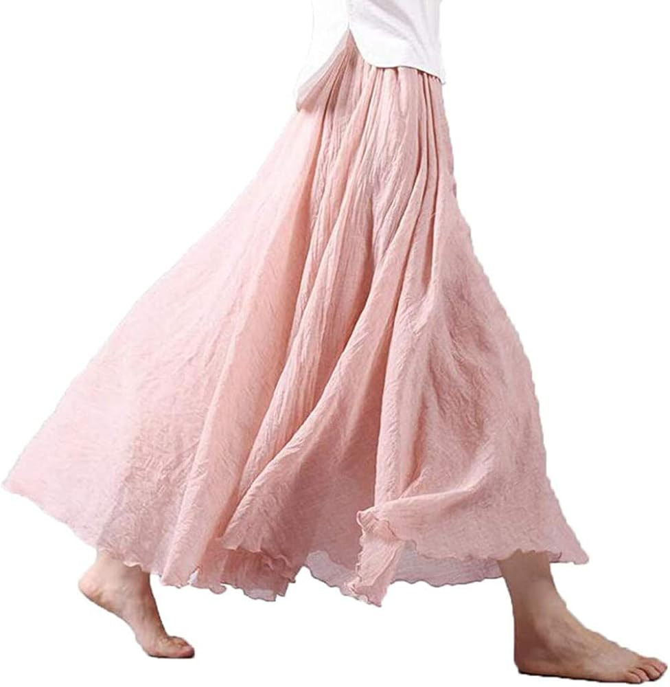 Women's Bohemian Style Elastic Waist Band Cotton Linen Long Maxi Skirt Dress Double Layer Skirts | Amazon (US)