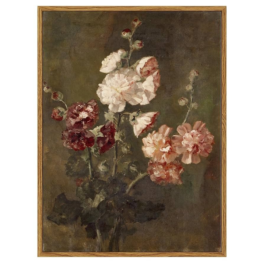 ARPEOTCY Framed Vintage Wall Art, Moody Floral Hollyhocks Bathroom Vintage Decor, Canvas Prints, ... | Amazon (US)