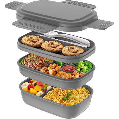 Adult Lunch Box, 3 Stackable Bento Containers with Utensil Set, Leak-Proof Gray one size | Target