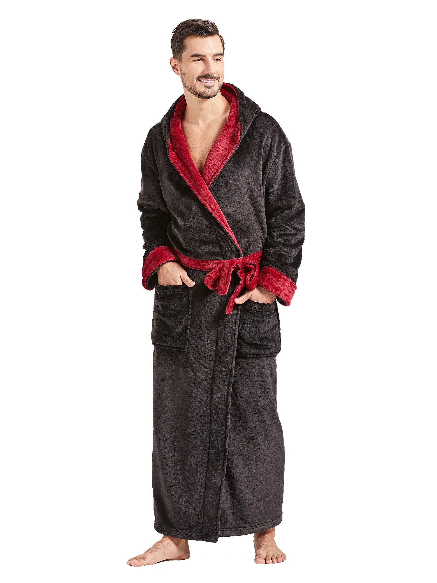 FashGudim Mens Robes Big and Tall with Hood Full Length Plush Long Robe Fleece Bathrobe(Black & B... | Walmart (US)