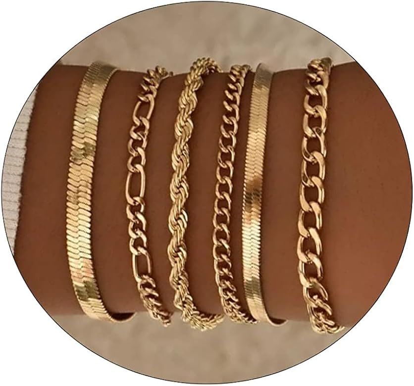 JECOMY Gold Bracelets for Women Gold Chain Bracelet Sets for Women Girls 14K Gold Plated Dainty L... | Amazon (US)