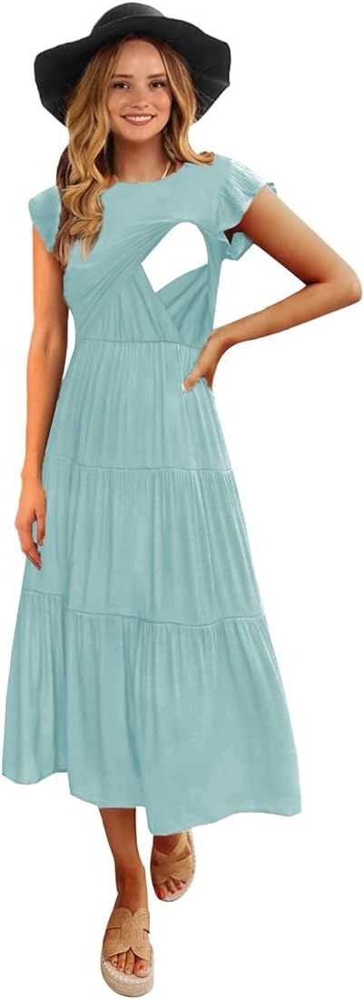 CzzzyL Womens Flutter Short Sleeve Smocked Tiered Nursing Dress for Breastfeeding | Amazon (US)