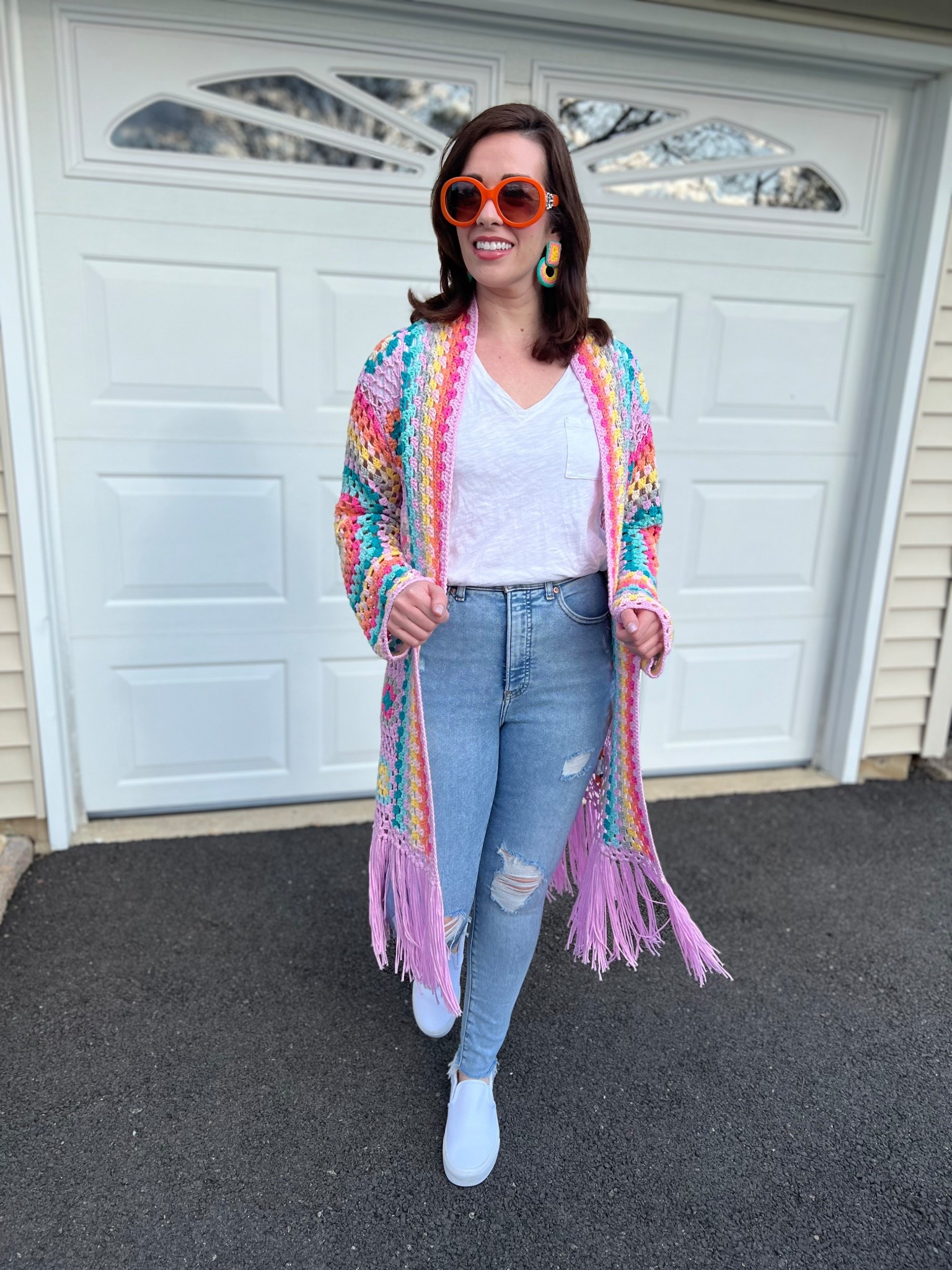 Multicolor Crochet kimono (s). White vneck tshirt (s). High waisted ripped skinny jeans (4). White slip on sneakers (8.5). #kimono #crochetkimono #multicolorkimono #tshirt #vnecktshirt #whitetshirt #jeans #skinnyjeans #highwaistedjeans #rippedjeans #sneakers #whitesneakers #sliponsneakers #springoutfit 
spring outfits 2026 
date night outfits @VICI @Express @DSW

#LTKSeasonal #LTKootd