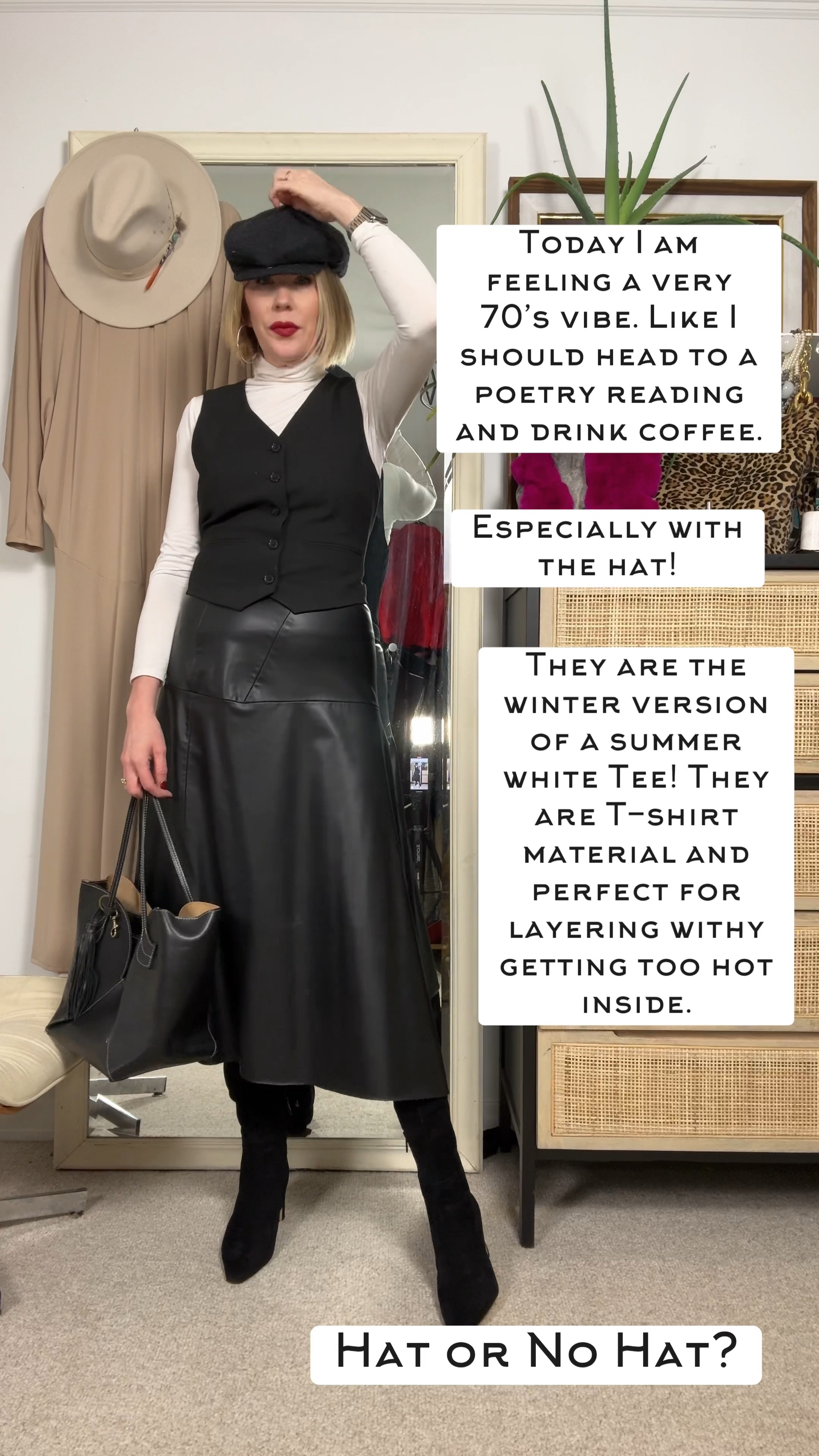 🖤✨ Serving 70s Poetry Slam Vibes ✨🖤

This amazing t-shirt material turtleneck is my layering BFF. It’s sleek, comfy, and ready for anything. Paired with a vest, tall boots, and a sprinkle of retro flair, this outfit is giving serious 70s cool-girl energy. Add a hat, and it’s perfect for rainy days or just feeling a little extra. 🎩💫

Hat or no hat? That’s the question. 🤔 Let me know which vibe you love more! 👇

#RetroOutfit ##winterOutfit #TallBoot #HolidayOutfit #TravelOutfit

#LTKOver40 #LTKStyleTip #LTKShoeCrush