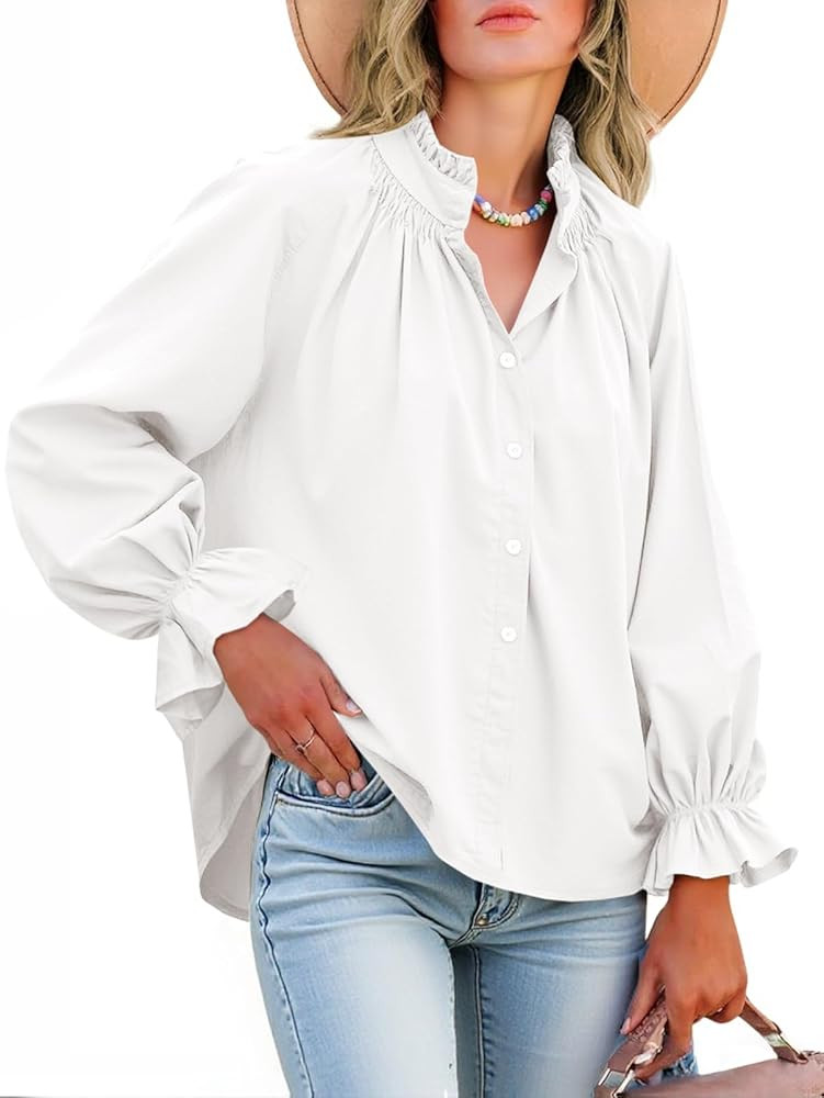 Tankaneo Womens Puff Long Sleeve Button Down Shirts Pleated V Neck Cotton Blouses Loose Fit Casua... | Amazon (US)