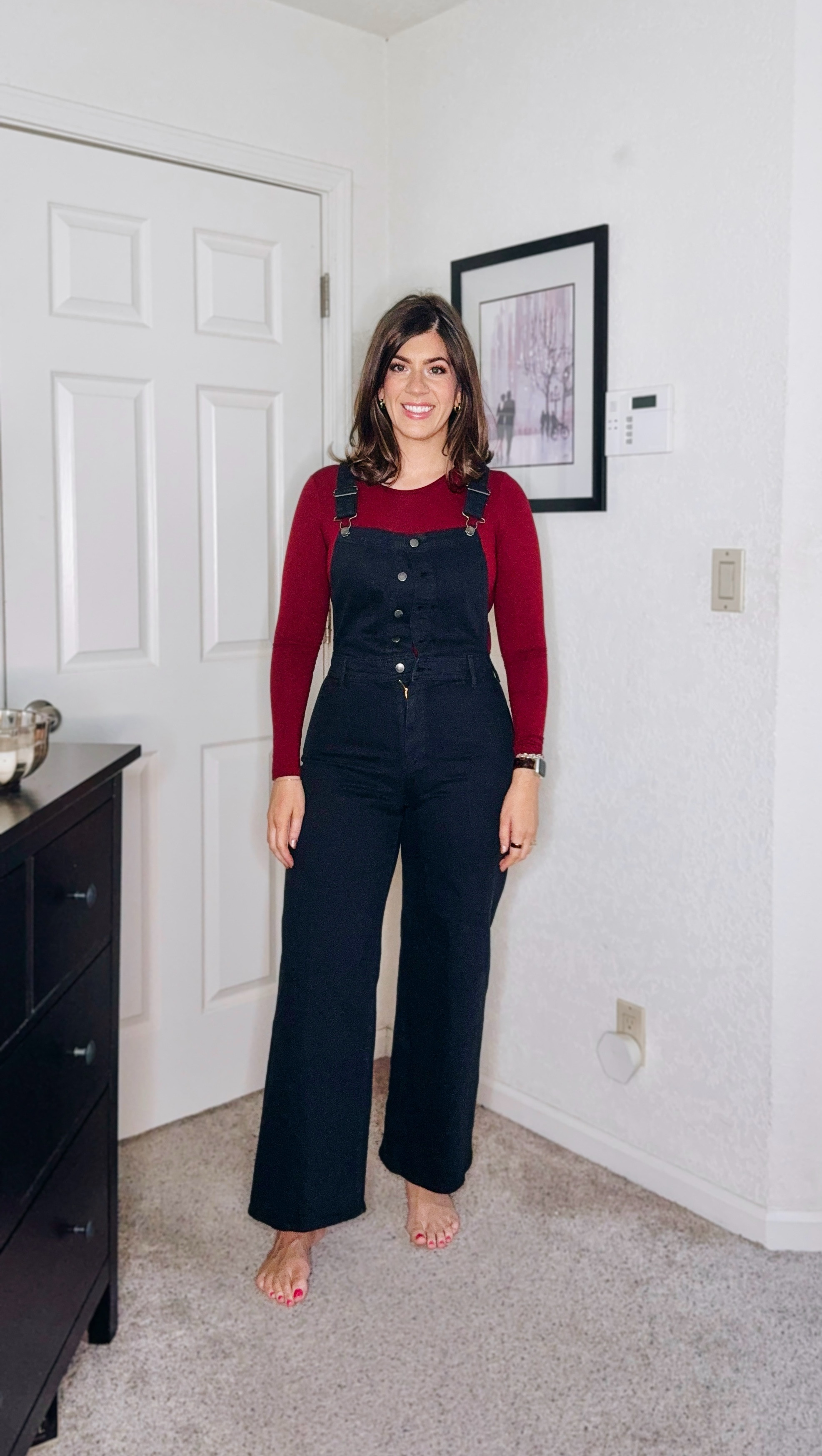 In a medium bodysuit and 10
Overalls 

#LTKMidsize #LTKFindsUnder50 #LTKOver40