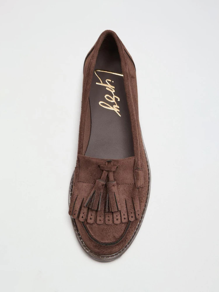 Lipsy Chocolate Brown Tassle Fringe Detail Flat Slim Slip On Workwear Loafers | Next EU