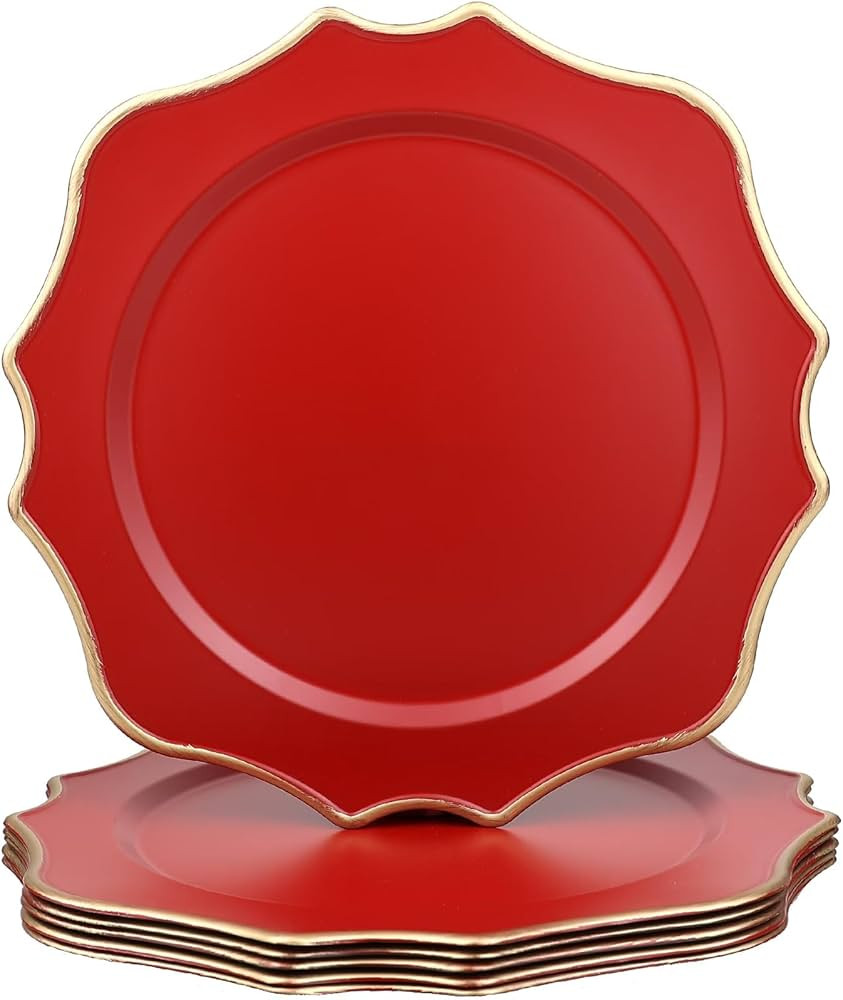 Omuriko Red Chargers for Dinner Plates, 13 Inch Scalloped Plastic Decorative Table Charge Service... | Amazon (US)