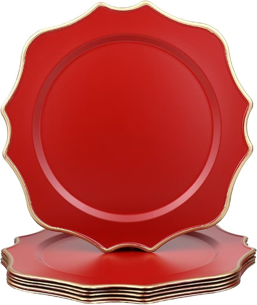 Omuriko Red Chargers for Dinner Plates, 13 Inch Scalloped Plastic Decorative Table Charge Service... | Amazon (US)